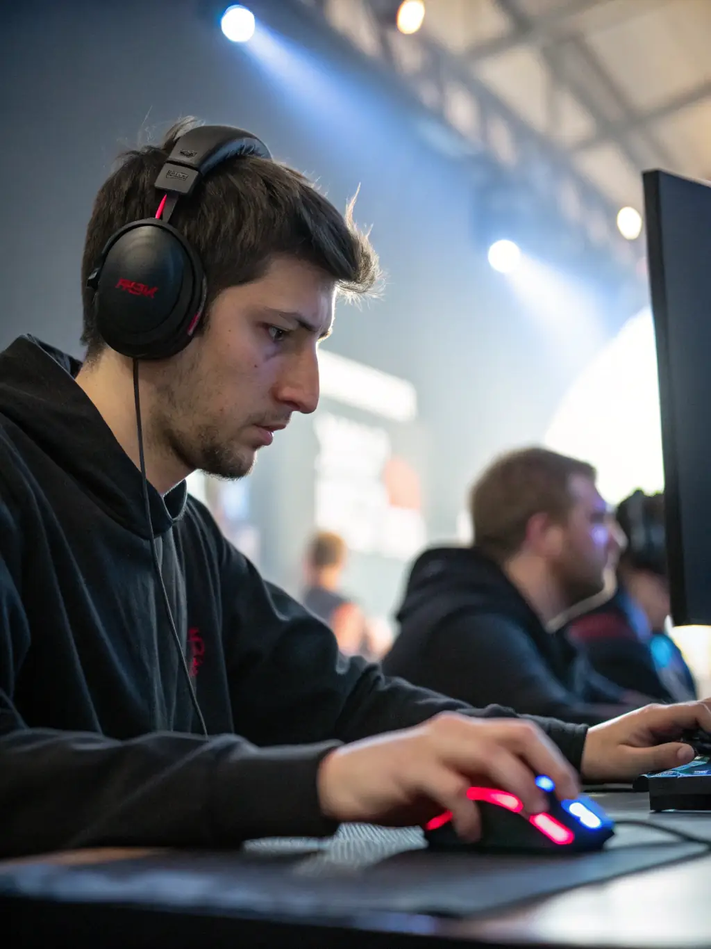 A close-up shot of a gamer's hands intensely clicking a mouse and keyboard during a high-stakes Counter-Strike: Global Offensive match, symbolizing the fast-paced action of esports betting.