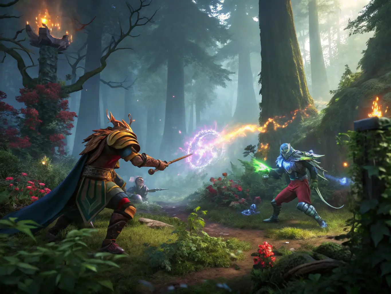 An action-packed image from a Dota 2 tournament, showing heroes clashing in a team fight with stunning visual effects, emphasizing the complexity and excitement of the game.