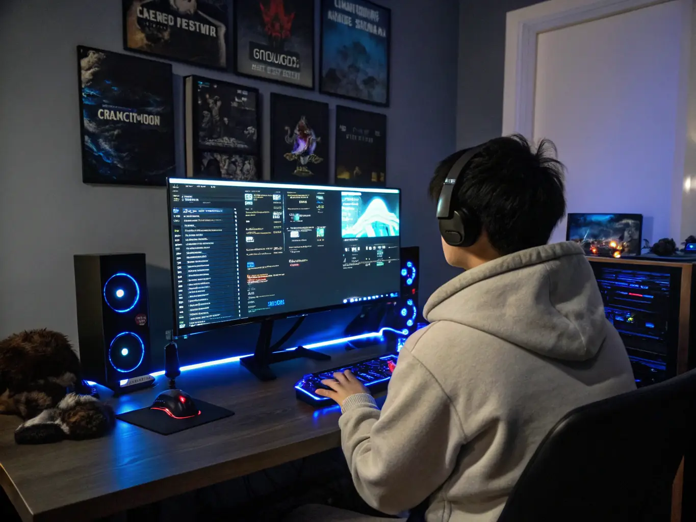 A focused image of a professional esports analyst reviewing game data and betting odds on multiple monitors in a dimly lit, high-tech office setting.