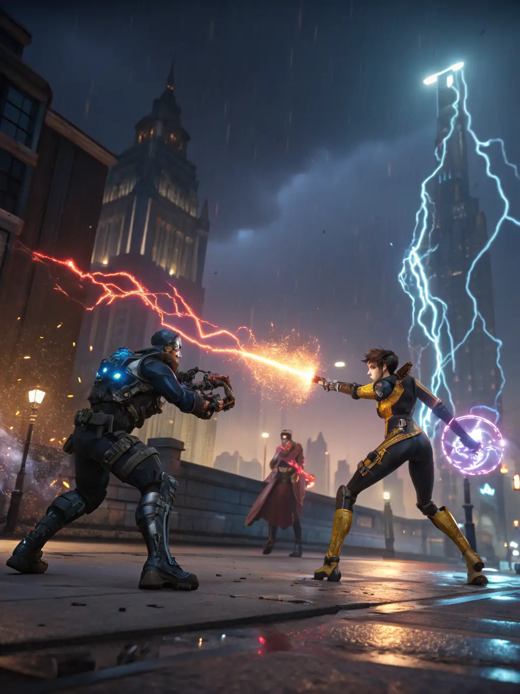 A futuristic cityscape backdrop with Overwatch heroes in dynamic poses, capturing the essence of team-based strategy and fast-paced action.