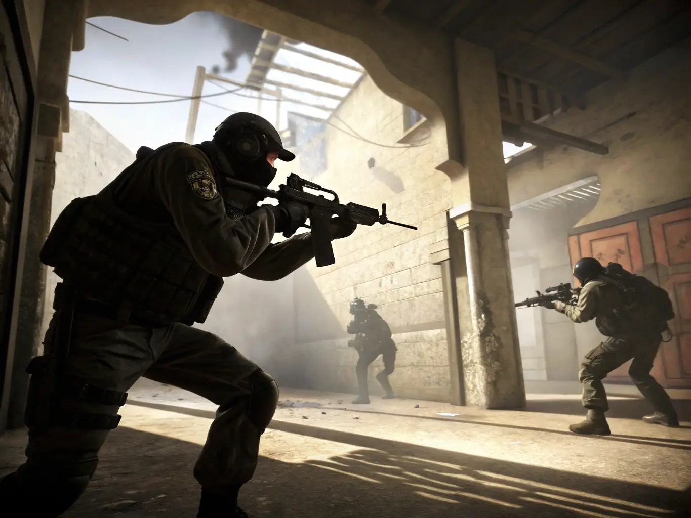 A dynamic image of a Counter-Strike: Global Offensive match, showcasing the fast-paced action and strategic gameplay, representing the CS:GO betting guides.