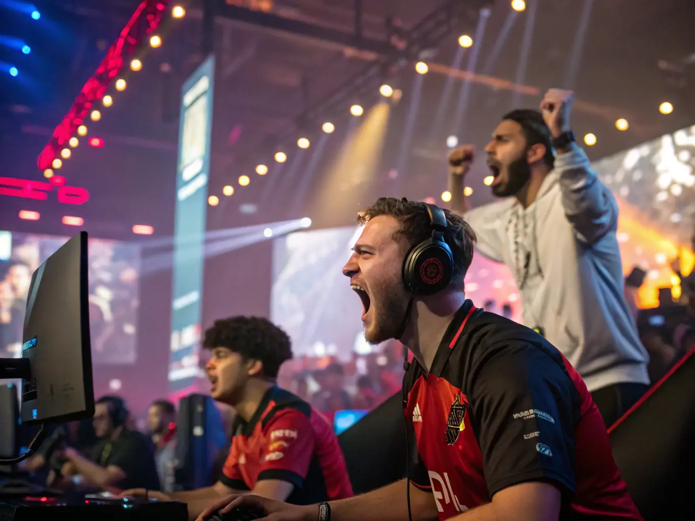 A vibrant and dynamic image showcasing a live League of Legends tournament, with players intensely focused on their screens and a cheering crowd in the background, capturing the excitement of competitive esports.